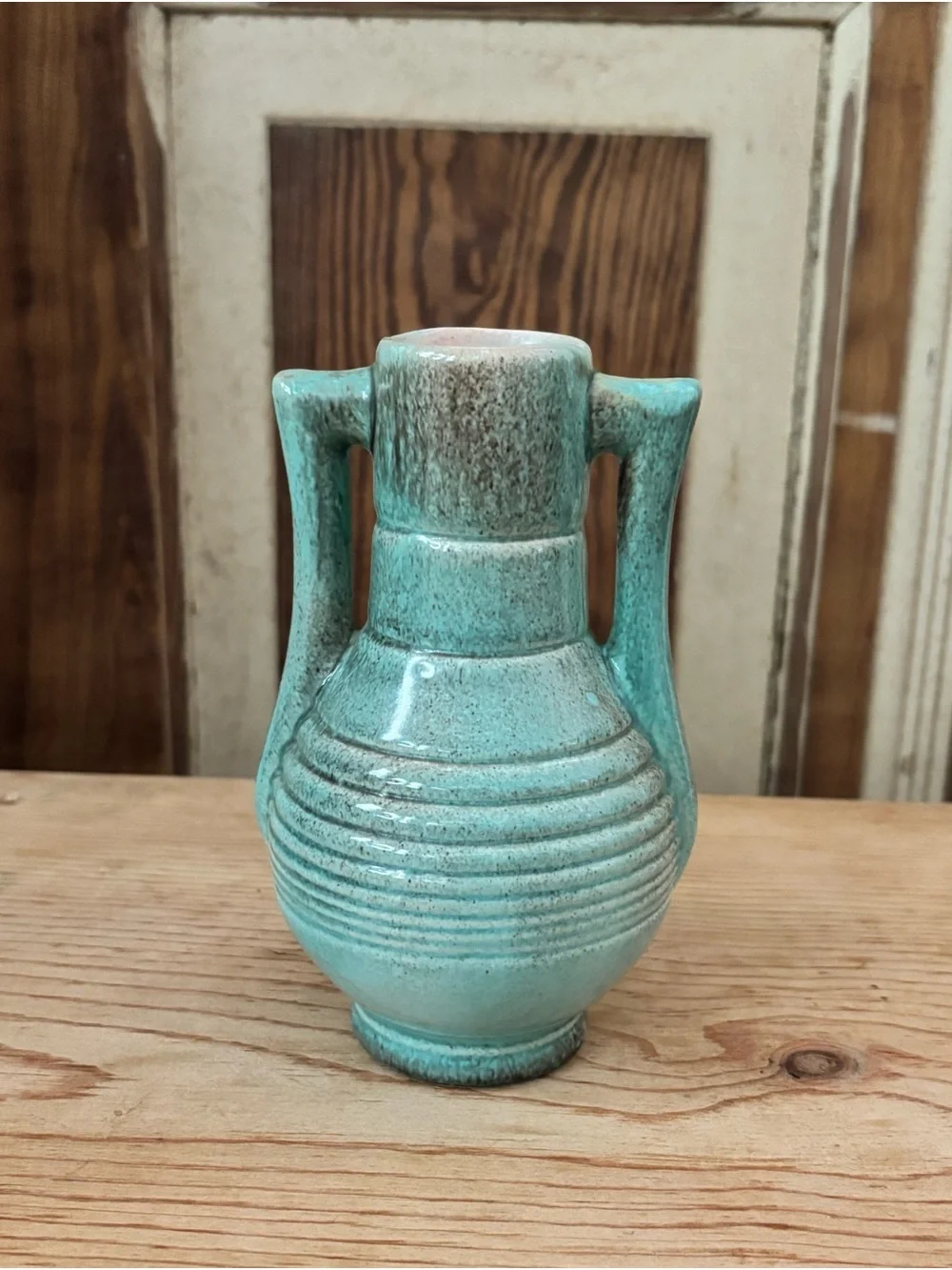 Gonder Art Pottery Double Handled Vase-Blue Green-6.5” tall